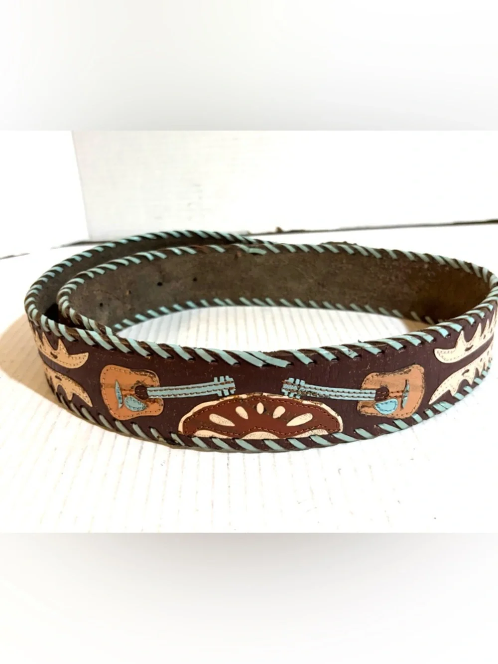 Beaded Oval Buckle Brown Leather Belt with Turquoise Stitching